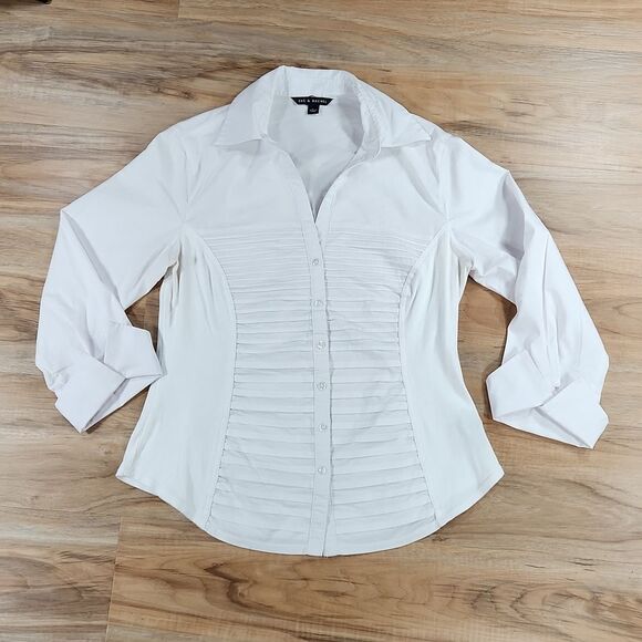 🩵Zac & Rachel White Pleated Button Front Adjustable Long Sleeve Top Large - Picture 3 of 16